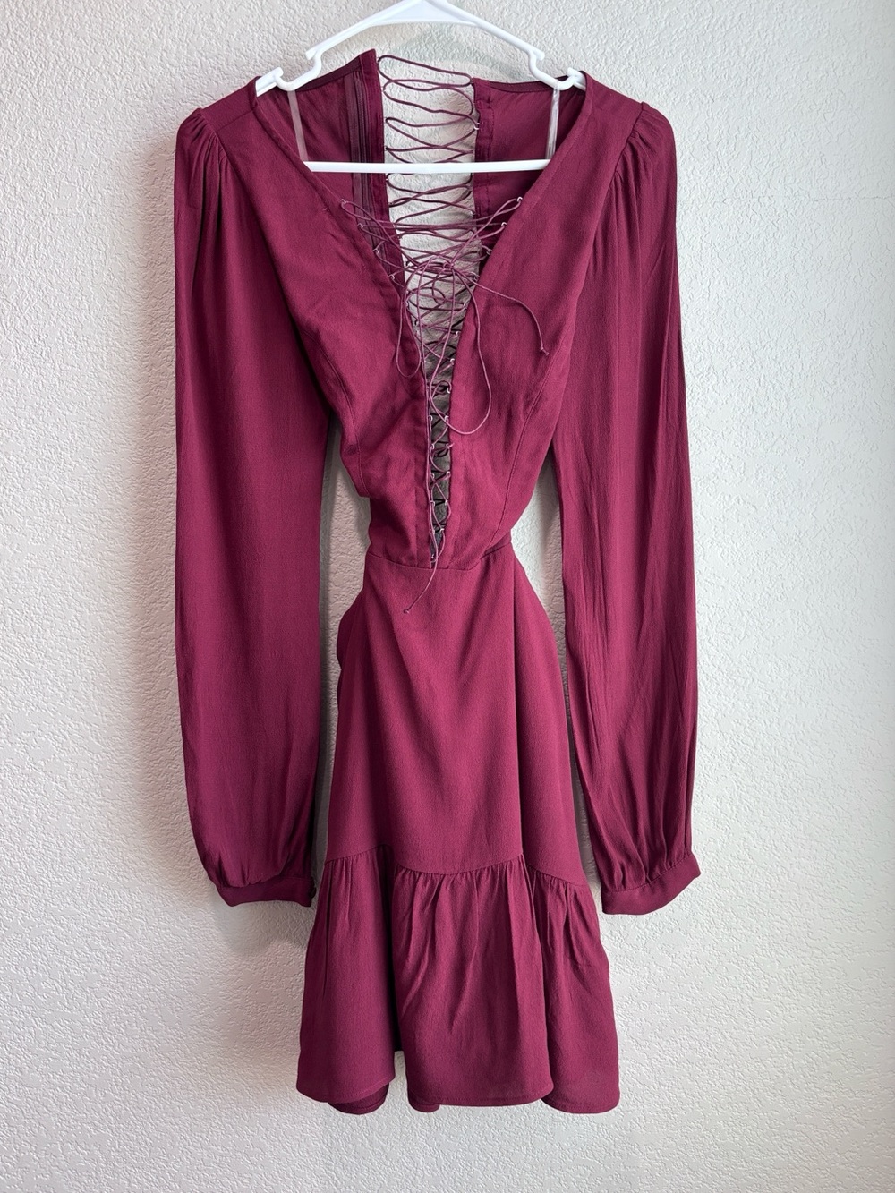 For Love & Lemons Lace Up Long Sleeve Mini Dress in Wine Red Size Small - Picture 3 of 10